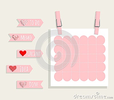 Set of romantic pink planner, notes, to do list. Vector stationary template Vector Illustration